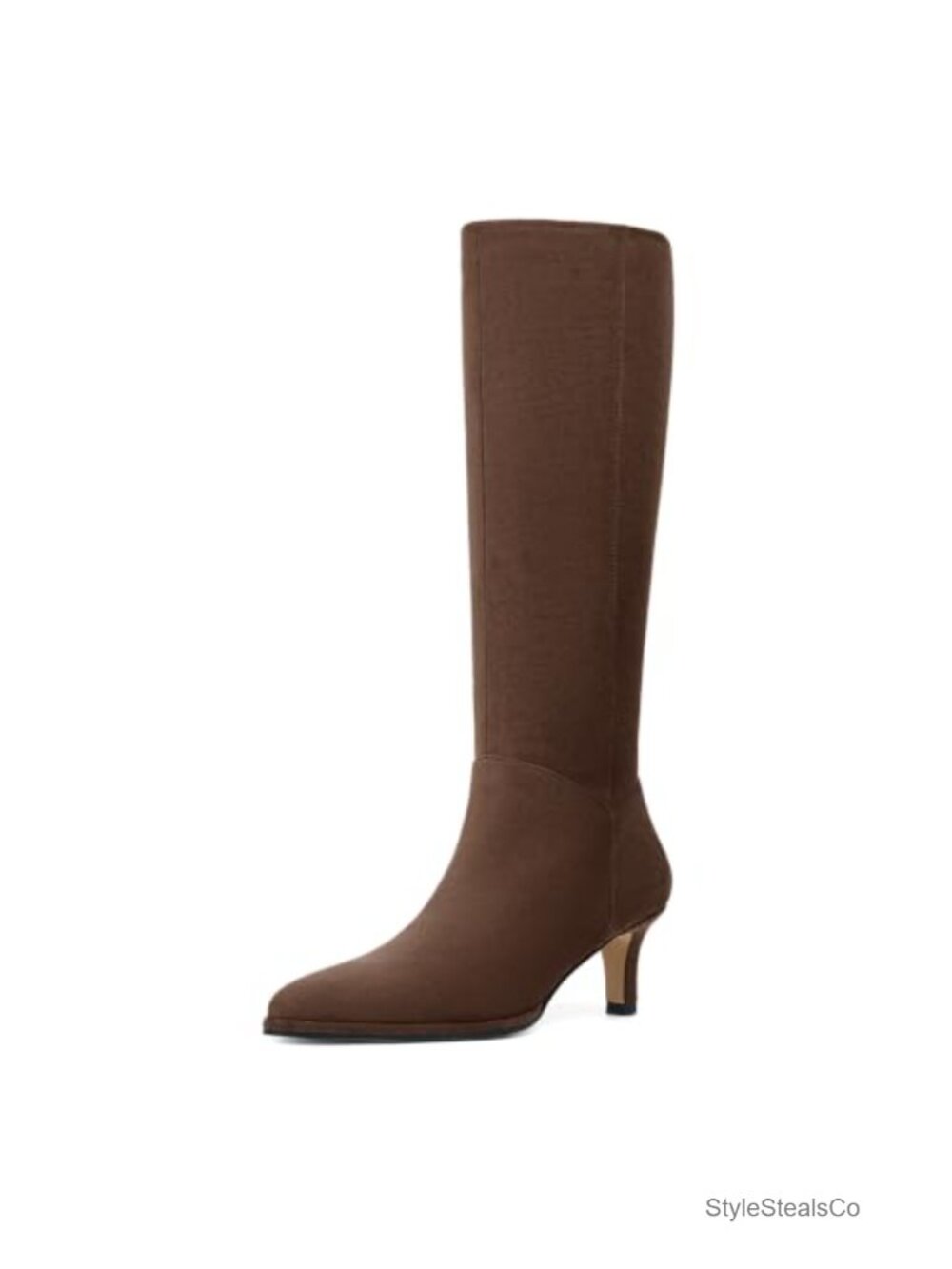 Women's Kitten Heel Knee High Boots Faux Suede Pointed Toe Side Zip